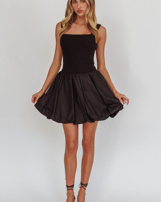 Black Square Neck Bubble Mini Dress