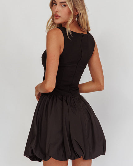 Black Square Neck Bubble Mini Dress