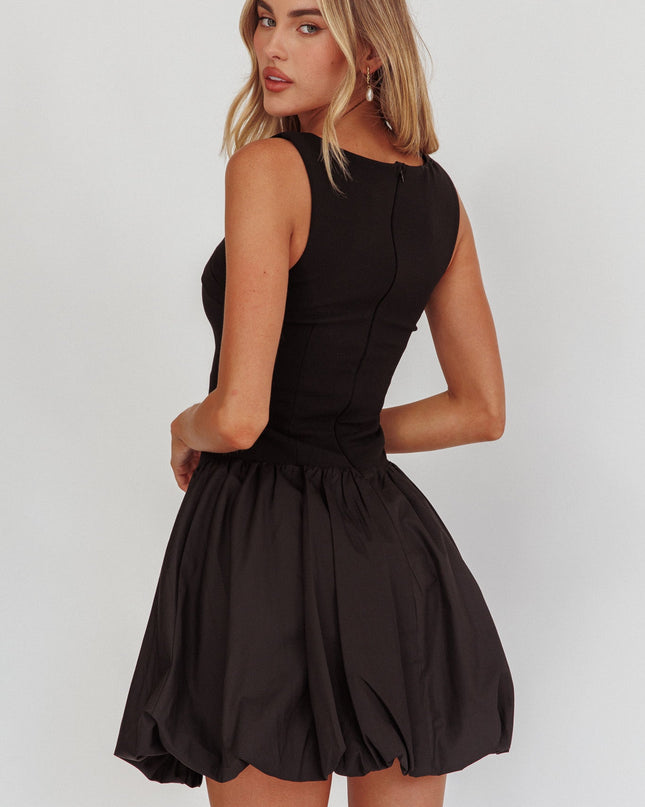 Black Square Neck Bubble Mini Dress