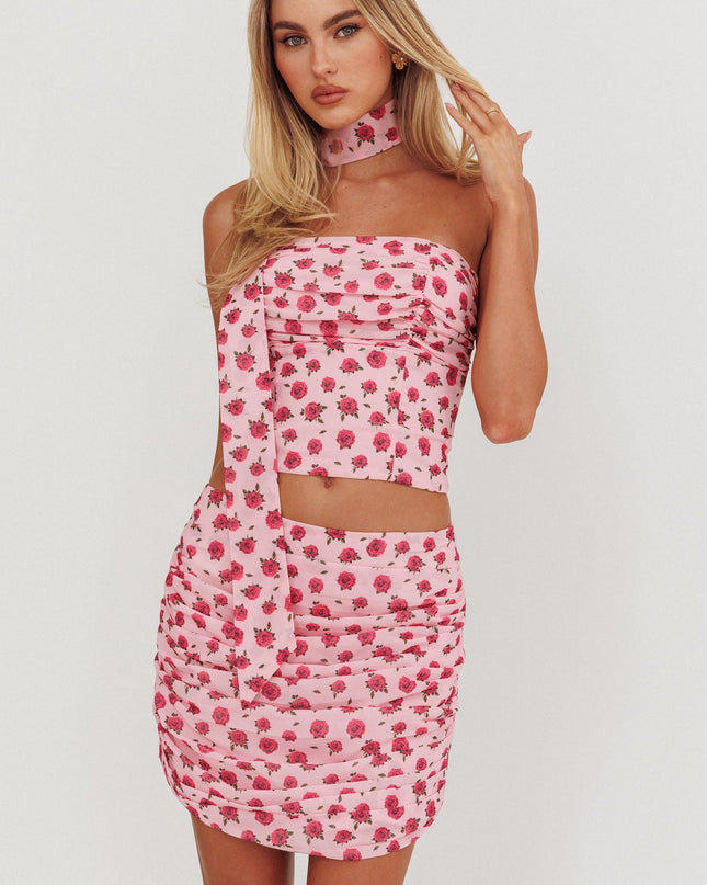 Pink Ruched Mini Skirt Roses