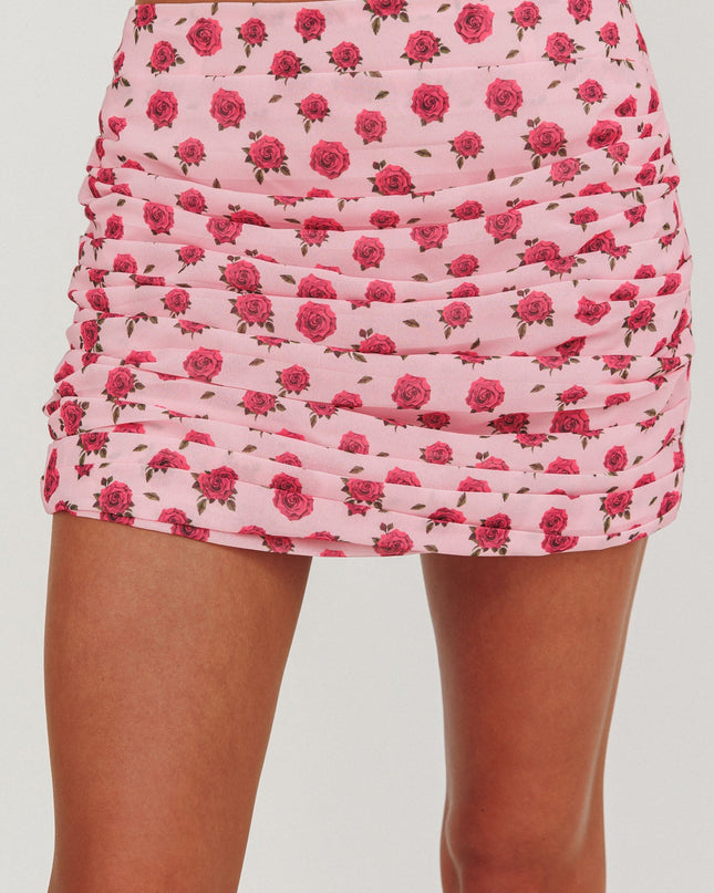 Pink Ruched Mini Skirt Roses