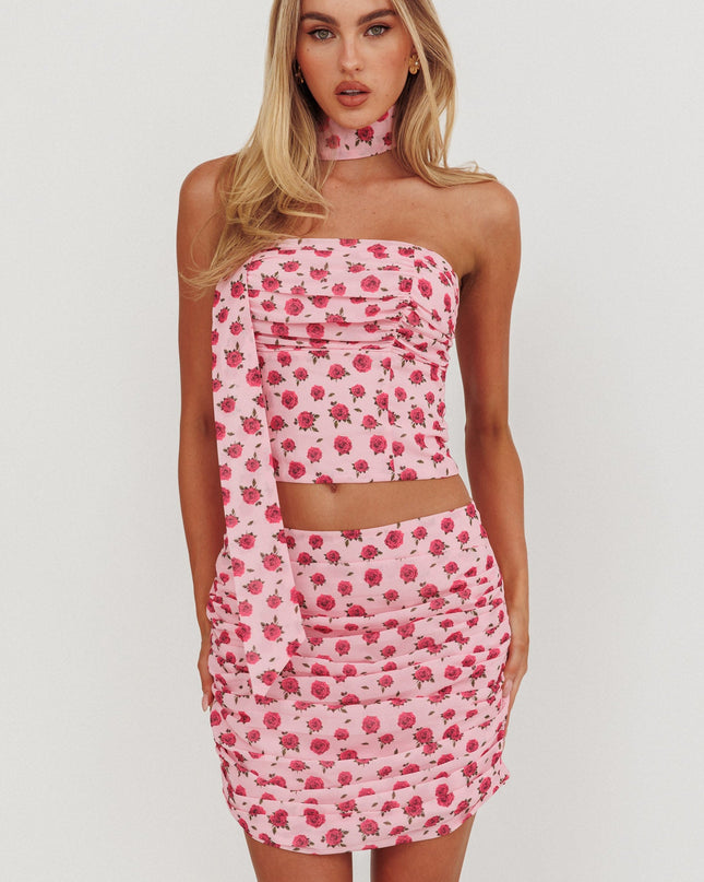 Pink Ruched Mini Skirt Roses