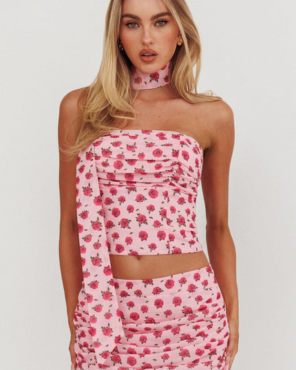 Pink Strapless Neck Tie Top Roses