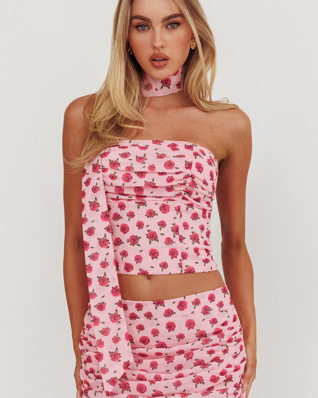Pink Strapless Neck Tie Top Roses