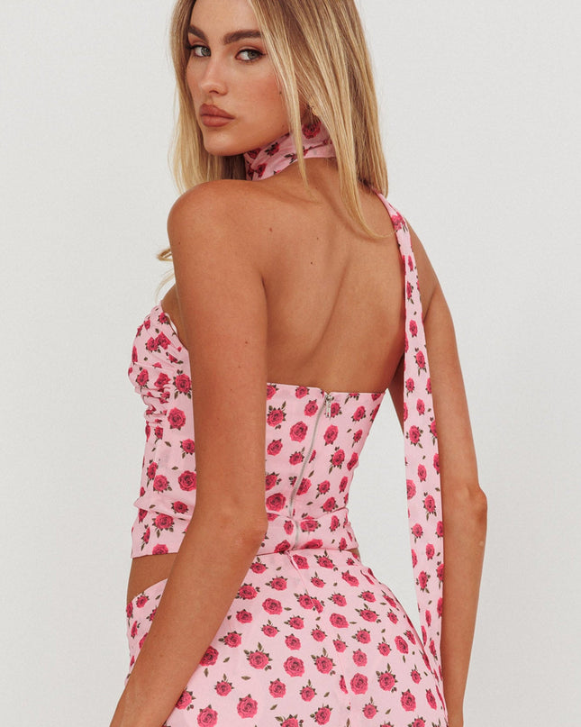 Pink Strapless Neck Tie Top Roses