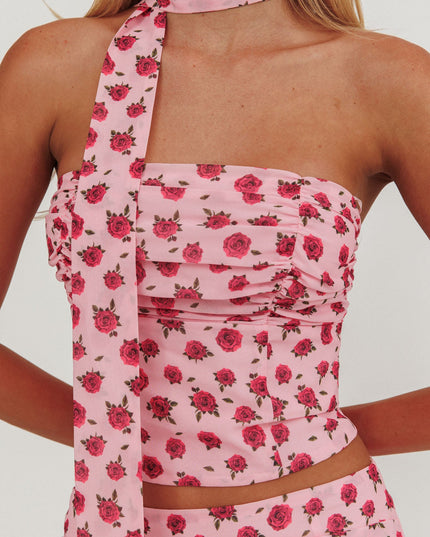 Pink Strapless Neck Tie Top Roses