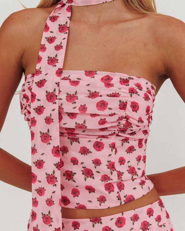 Pink Strapless Neck Tie Top Roses