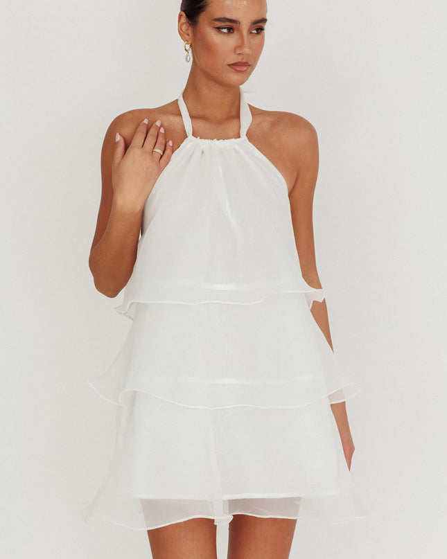 White Tiered Halterneck Mini Dress