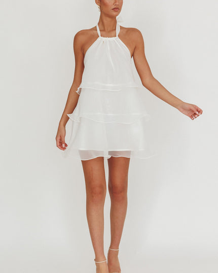 White Tiered Halterneck Mini Dress