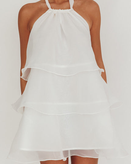 White Tiered Halterneck Mini Dress