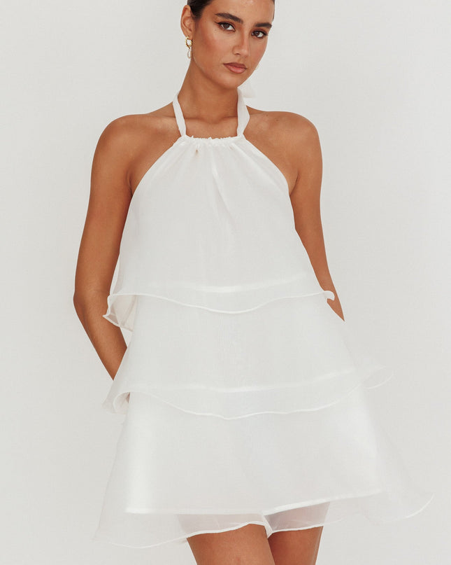 White Tiered Halterneck Mini Dress