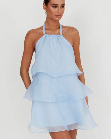 Baby Blue Tiered Halterneck Mini Dress