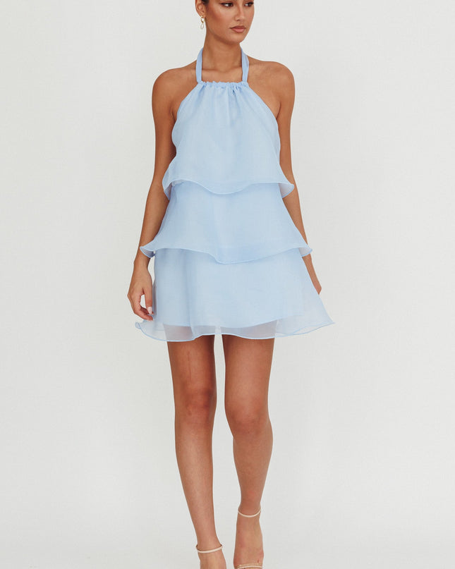 Baby Blue Tiered Halterneck Mini Dress