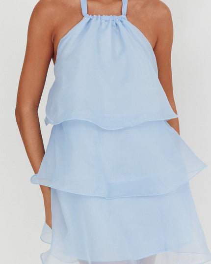 Baby Blue Tiered Halterneck Mini Dress