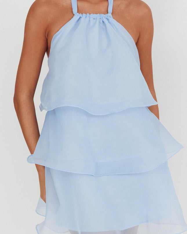 Baby Blue Tiered Halterneck Mini Dress