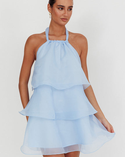 Baby Blue Tiered Halterneck Mini Dress