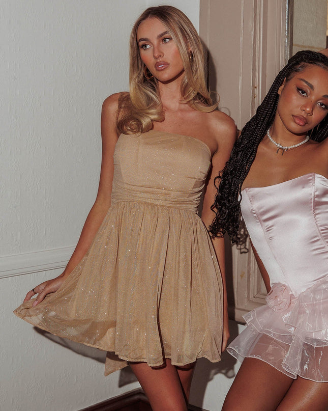 Gold Strapless Glitter Mini Dress