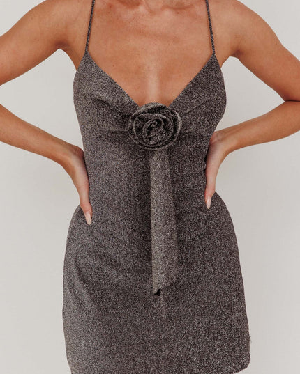 Charcoal Glitter Rosette Mini Dress