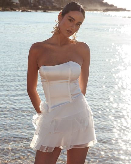 Cream Strapless Organza Ruffle Mini Dress