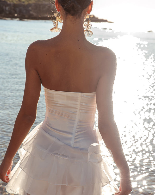 Cream Strapless Organza Ruffle Mini Dress