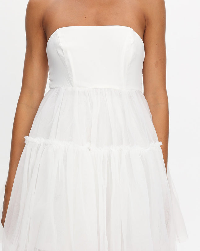 White Strapless Tulle Mini Dress