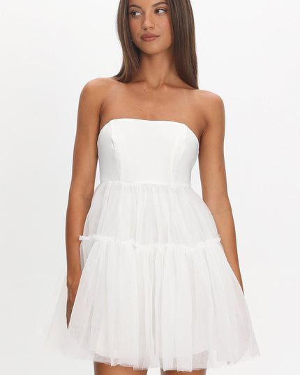 White Strapless Tulle Mini Dress