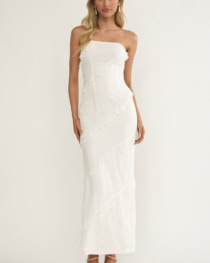 White Strapless Frill Maxi Dress