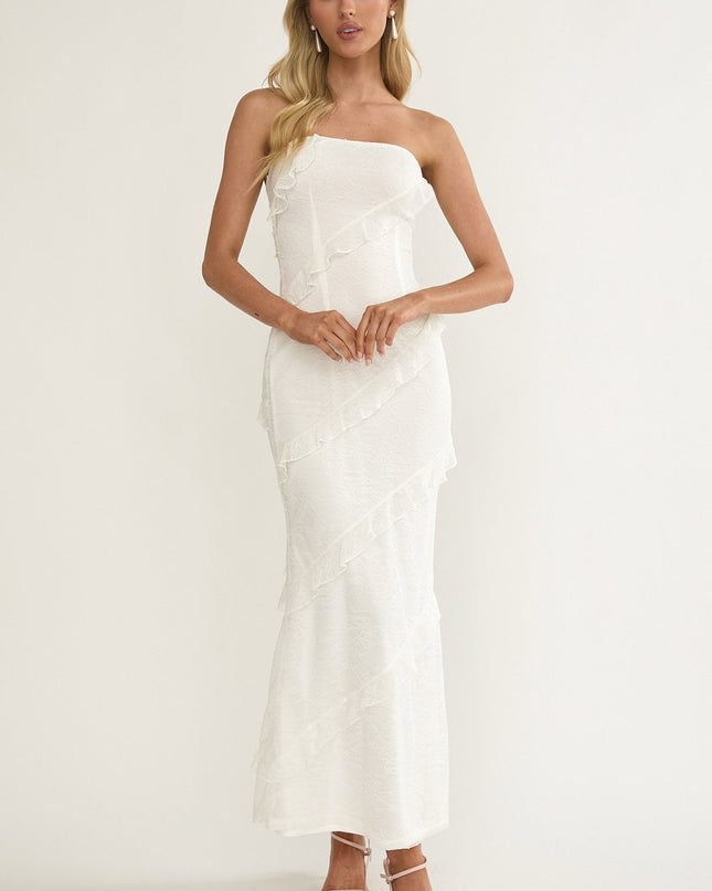 White Strapless Frill Maxi Dress
