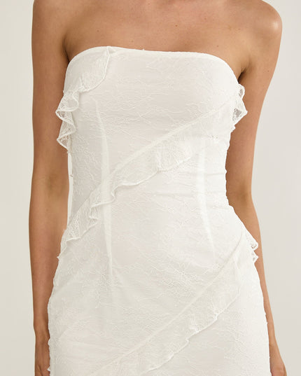 White Strapless Frill Maxi Dress