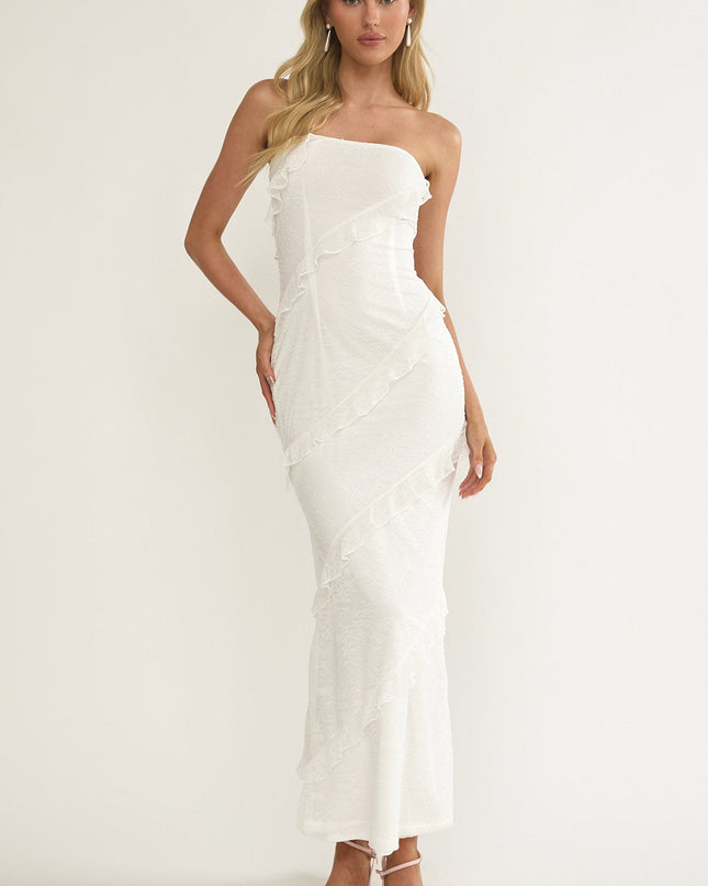 White Strapless Frill Maxi Dress
