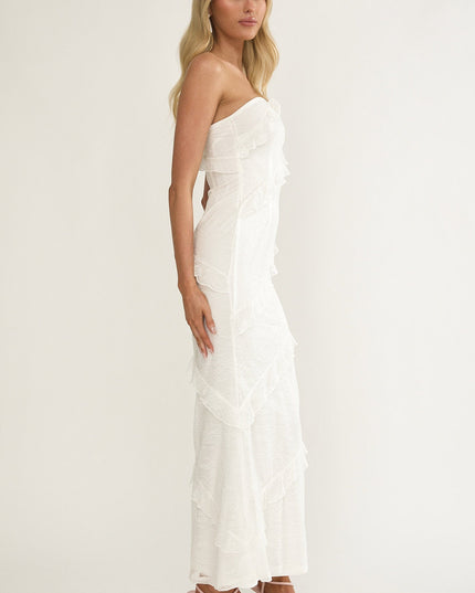 White Strapless Frill Maxi Dress