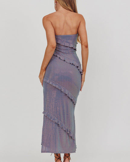Blue Strapless Frill Maxi Dress