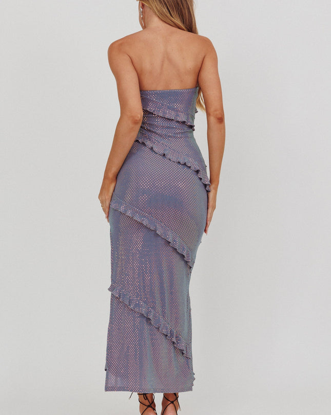 Blue Strapless Frill Maxi Dress