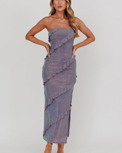 Blue Strapless Frill Maxi Dress