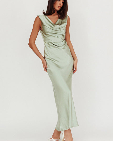 Sage Cowl Neck Satin Maxi Dress