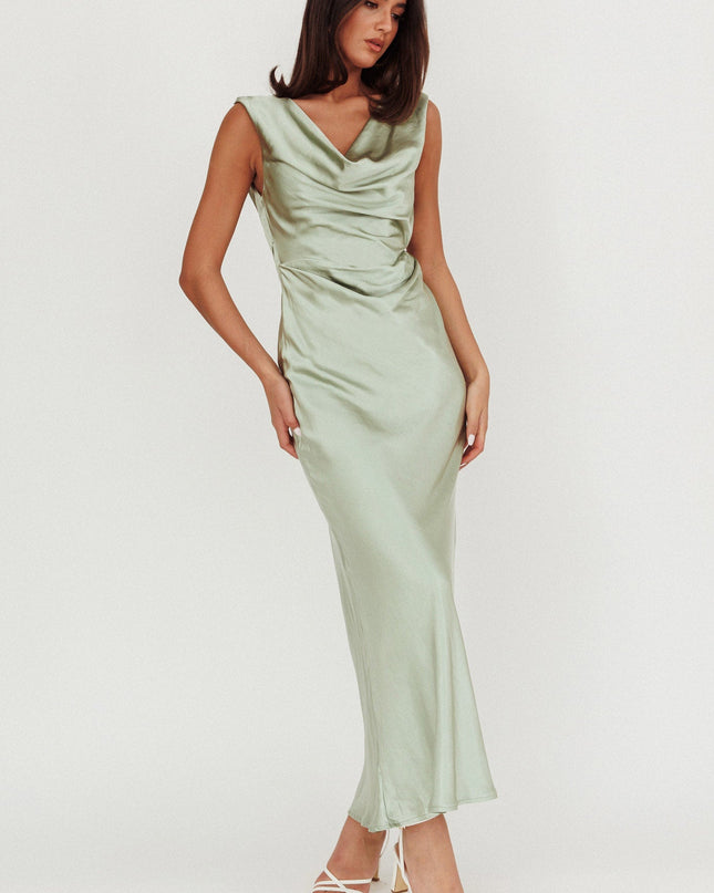 Sage Cowl Neck Satin Maxi Dress