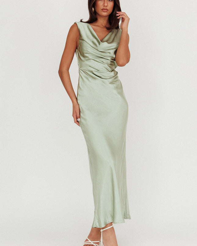 Sage Cowl Neck Satin Maxi Dress