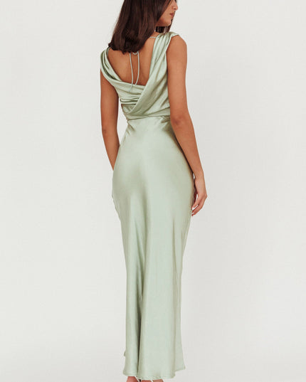 Sage Cowl Neck Satin Maxi Dress