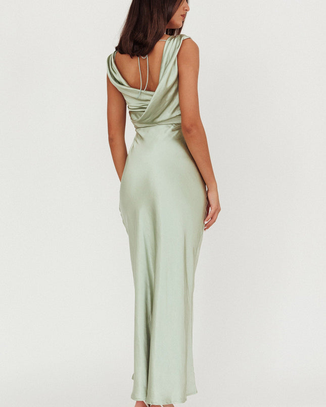 Sage Cowl Neck Satin Maxi Dress