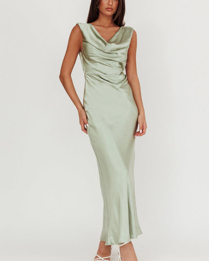 Sage Cowl Neck Satin Maxi Dress