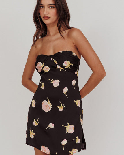 Black Strapless Sweetheart Mini Dress Flowers