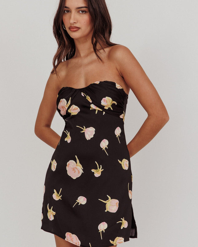 Black Strapless Sweetheart Mini Dress Flowers