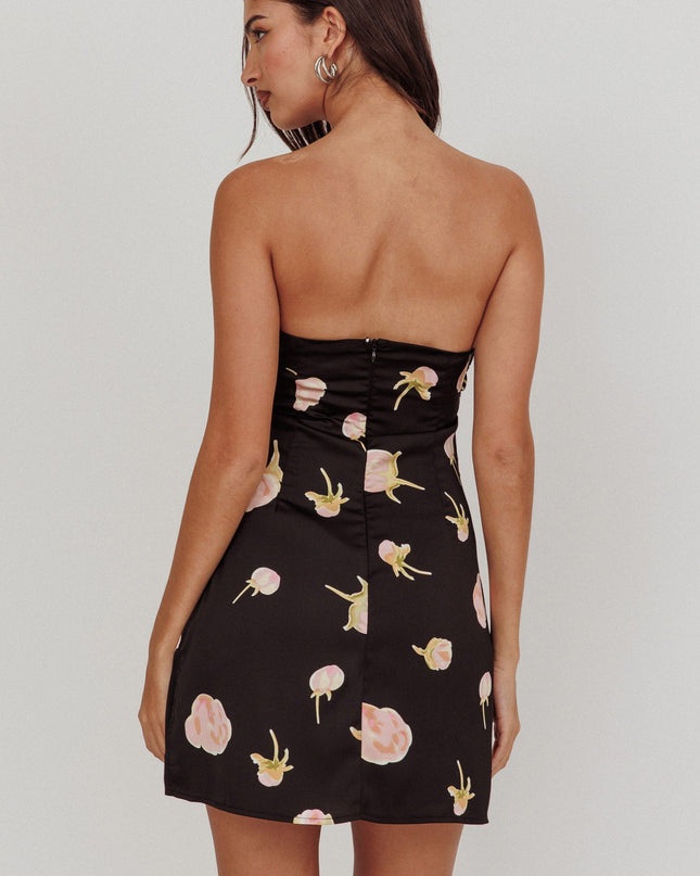 Black Strapless Sweetheart Mini Dress Flowers