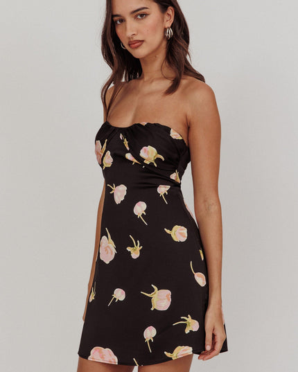 Black Strapless Sweetheart Mini Dress Flowers