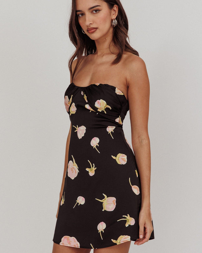 Black Strapless Sweetheart Mini Dress Flowers