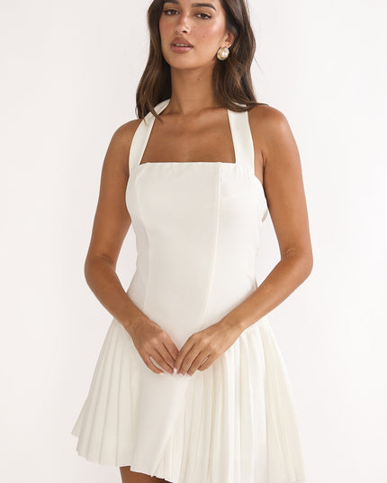 White Halterneck Pleat Mini Dress