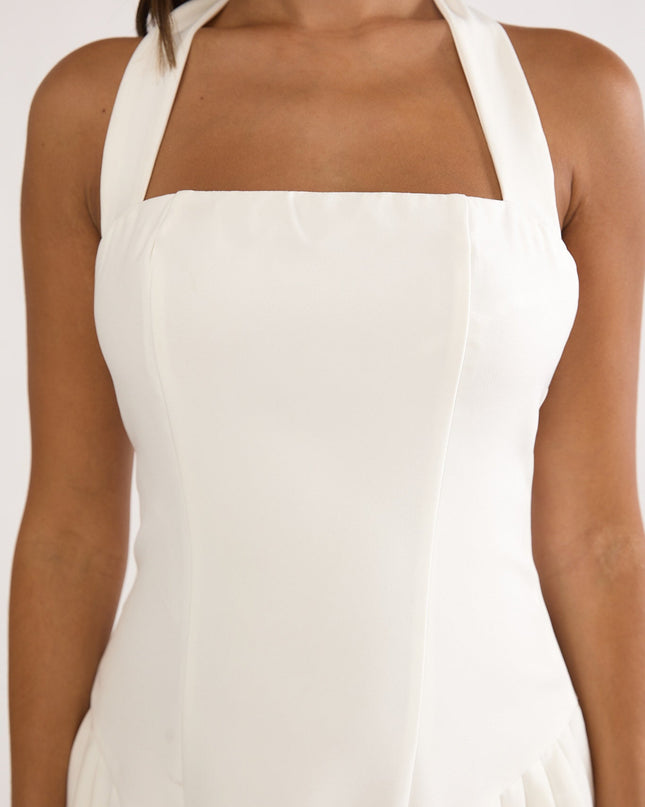 White Halterneck Pleat Mini Dress