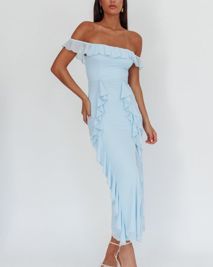 Blue Off-Shoulder Ruffle Maxi Dress