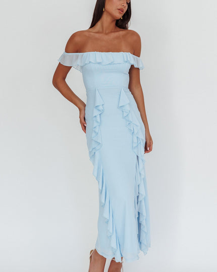 Blue Off-Shoulder Ruffle Maxi Dress