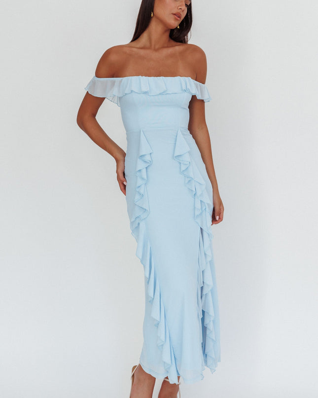 Blue Off-Shoulder Ruffle Maxi Dress